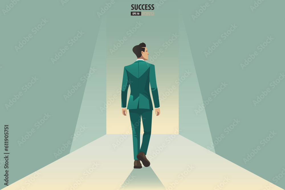 Businessman walking to the arrow door in the hallway. Catch the opportunity. background vector illustration Businessman walking to the arrow door in the hallway. Catch the opportunity. background vector illustration