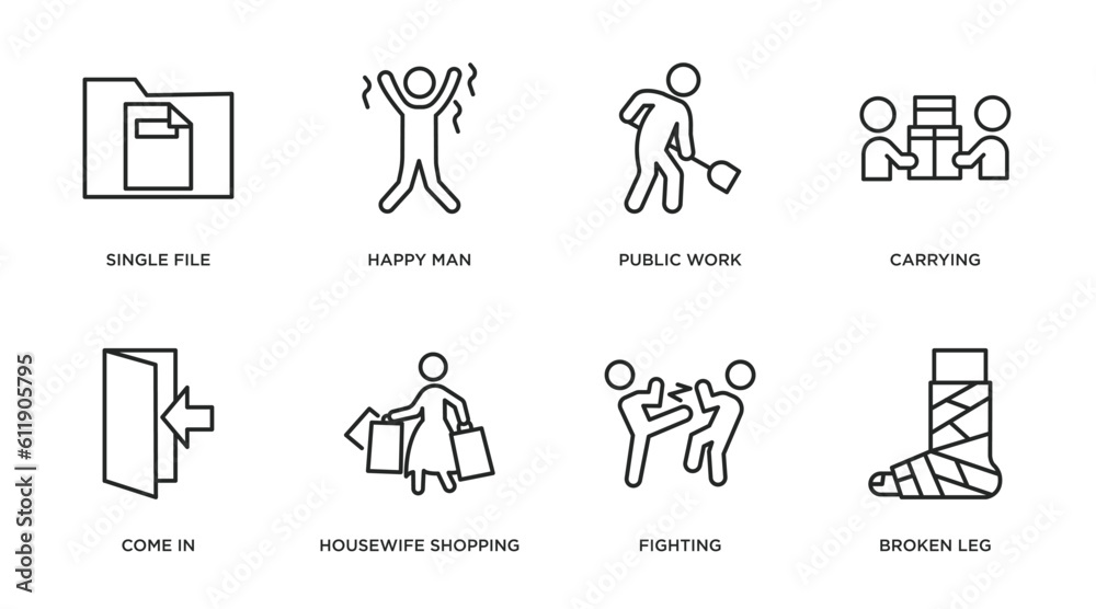 humans outline icons set. thin line icons such as single file, happy man, public work, carrying, come in, housewife shopping, fighting, broken leg vector. humans outline icons set. thin line icons such as single file, happy man, public work, carrying, come in, housewife shopping, fighting, broken leg vector.