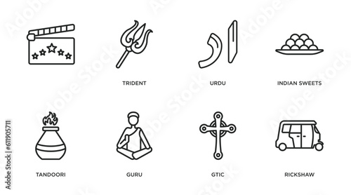 india outline icons set. thin line icons such as , trident, urdu, indian sweets, tandoori, guru, gtic, rickshaw vector.