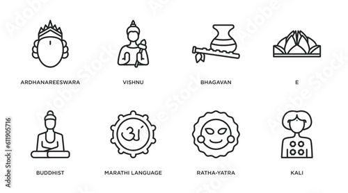 india outline icons set. thin line icons such as ardhanareeswara, vishnu, bhagavan, e, buddhist, marathi language, ratha-yatra, kali vector.
