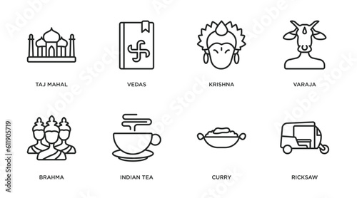 india outline icons set. thin line icons such as taj mahal, vedas, krishna, varaja, brahma, indian tea, curry, ricksaw vector.