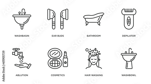 hygiene outline icons set. thin line icons such as washbasin, ear buds, bathroom, depilator, ablution, cosmetics, hair washing, washbowl vector.