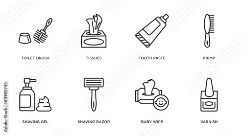 hygiene outline icons set. thin line icons such as toilet brush, tissues, tooth paste, primp, shaving gel, shaving razor, baby wipe, varnish vector.