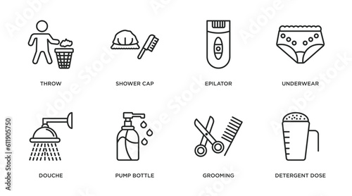 hygiene outline icons set. thin line icons such as throw, shower cap, epilator, underwear, douche, pump bottle, grooming, detergent dose vector.