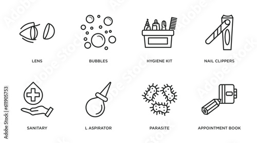 hygiene outline icons set. thin line icons such as lens, bubbles, hygiene kit, nail clippers, sanitary, l aspirator, parasite, appointment book vector.
