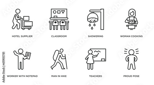 humans outline icons set. thin line icons such as hotel supplier, classroom, showering, woman cooking, worker with notepad, man in hike, teachers, proud pose vector.