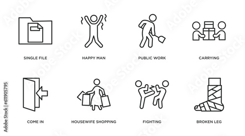 humans outline icons set. thin line icons such as single file, happy man, public work, carrying, come in, housewife shopping, fighting, broken leg vector. photo