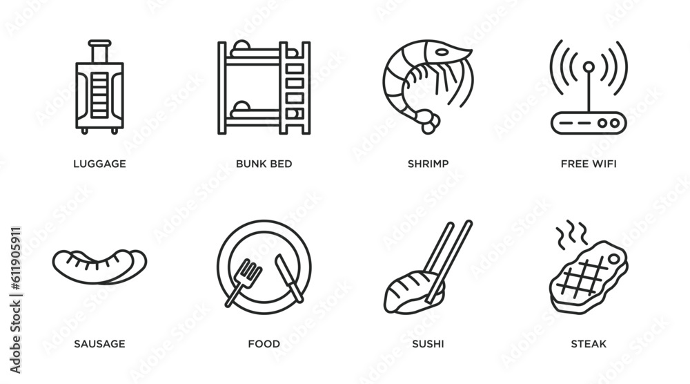 © IconArt - hotel outline icons set. thin line icons such as luggage, bunk bed, shrimp, free wifi, sausage, food, sushi, steak vector. © IconArt - hotel outline icons set. thin line icons such as luggage, bunk bed, shrimp, free wifi, sausage, food, sushi, steak vector.