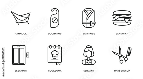 hotel and restaurant outline icons set. thin line icons such as hammock, doorknob, bathrobe, sandwich, elevator, cookbook, servant, barbershop vector.