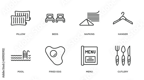 hotel and restaurant outline icons set. thin line icons such as pillow, beds, napkins, hanger, pool, fried egg, menu, cutlery vector.