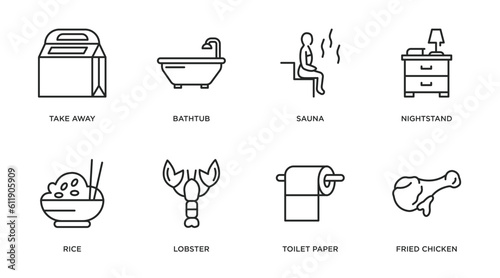 hotel outline icons set. thin line icons such as take away, bathtub, sauna, nightstand, rice, lobster, toilet paper, fried chicken vector.
