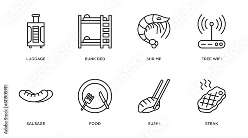 hotel outline icons set. thin line icons such as luggage, bunk bed, shrimp, free wifi, sausage, food, sushi, steak vector.