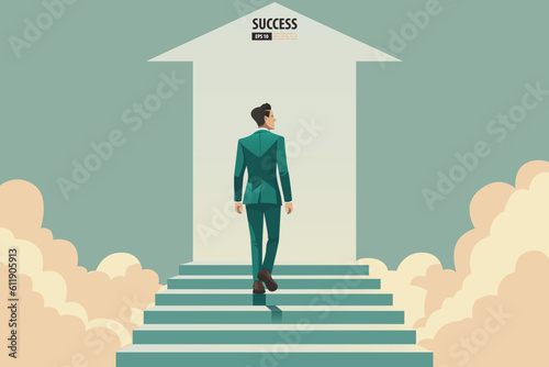 Businessman walking up and stepping the stair to success and goal achievement. Vector Illustration