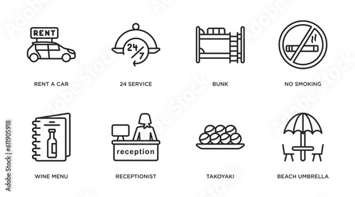 hotel and restaurant outline icons set. thin line icons such as rent a car, 24 service, bunk, no smoking, wine menu, receptionist, takoyaki, beach umbrella vector.