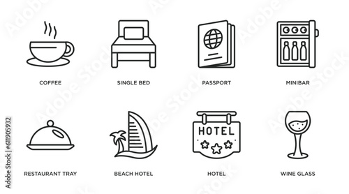 hotel and restaurant outline icons set. thin line icons such as coffee, single bed, passport, minibar, restaurant tray, beach hotel, hotel, wine glass vector.