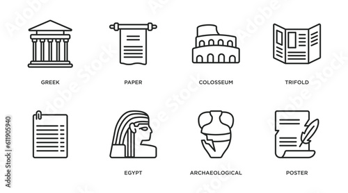 history outline icons set. thin line icons such as greek, paper, colosseum, trifold, , egypt, archaeological, poster vector.