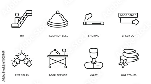 hotel and restaurant outline icons set. thin line icons such as or, reception bell, smoking, check out, five stars, room service, valet, hot stones vector.