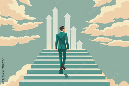 Businessman walking up and stepping the stair to success and goal achievement. Vector Illustration