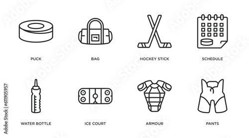 hockey outline icons set. thin line icons such as puck, bag, hockey stick, schedule, water bottle, ice court, armour, pants vector.