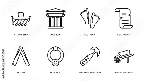 history outline icons set. thin line icons such as viking ship, museum, footprint, old paper, ruler, bracelet, ancient weapon, wheelbarrow vector.