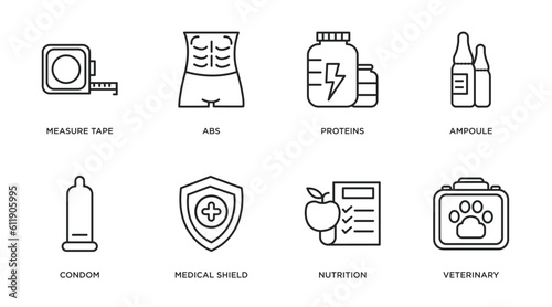 health and medical outline icons set. thin line icons such as measure tape, abs, proteins, ampoule, condom, medical shield, nutrition, veterinary vector.