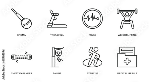 health and medical outline icons set. thin line icons such as enema, treadmill, pulse, weightlifting, chest expander, saline, exercise, medical result vector.