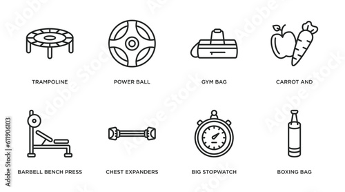 gym and fitness outline icons set. thin line icons such as trampoline, power ball, gym bag, carrot and, barbell bench press, chest expanders, big stopwatch, boxing bag vector.