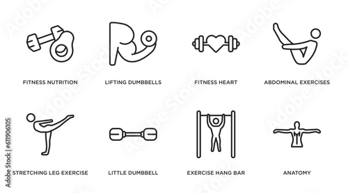 gym and fitness outline icons set. thin line icons such as fitness nutrition, lifting dumbbells, fitness heart, abdominal exercises, stretching leg exercise, little dumbbell, exercise hang bar,