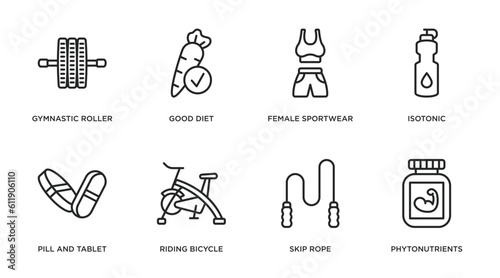 gym and fitness outline icons set. thin line icons such as gymnastic roller, good diet, female sportwear, isotonic, pill and tablet, riding bicycle, skip rope, phytonutrients vector.