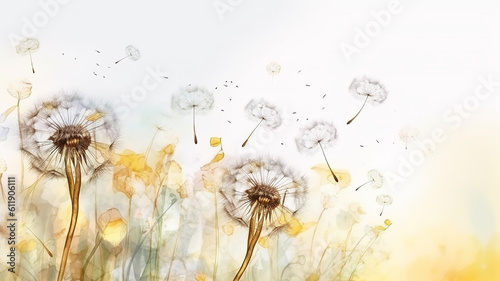 Fotografiet watercolor dandelions art light tones background wallpaper freedom of flight