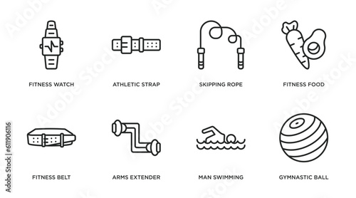 gym and fitness outline icons set. thin line icons such as fitness watch, athletic strap, skipping rope, fitness food, belt, arms extender, man swimming, gymnastic ball vector.