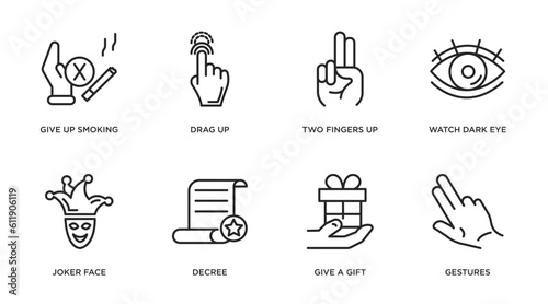 gestures outline icons set. thin line icons such as give up smoking, drag up, two fingers up, watch dark eye, joker face, decree, give a gift, gestures vector.