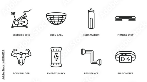 gym and fitness outline icons set. thin line icons such as exercise bike, bosu ball, hydratation, fitness step, bodybuilder, energy snack, resistance, pulsometer vector. photo
