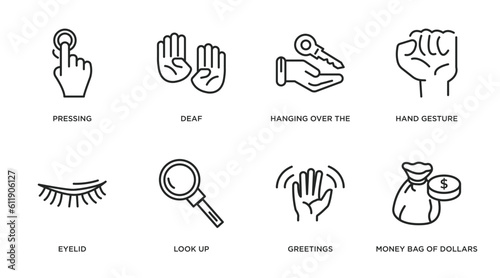gestures outline icons set. thin line icons such as pressing, deaf, hanging over the key, hand gesture, eyelid, look up, greetings, money bag of dollars vector.