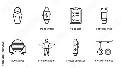 gym and fitness outline icons set. thin line icons such as , sport watch, to do list, protein shake, pilates ball, stick man hoop, fitness bracelet, gymnastic rings vector.
