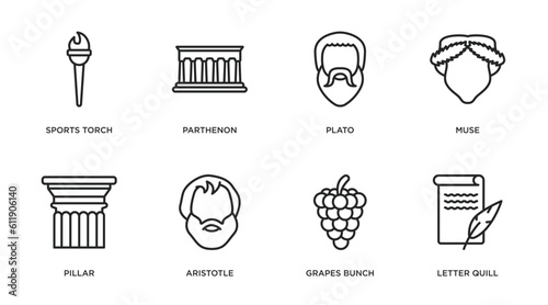 greece outline icons set. thin line icons such as sports torch, parthenon, plato, muse, pillar, aristotle, grapes bunch, letter quill vector.