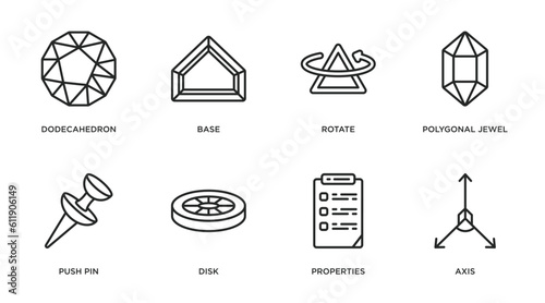 geometry outline icons set. thin line icons such as dodecahedron, base, rotate, polygonal jewel, push pin, disk, properties, axis vector.