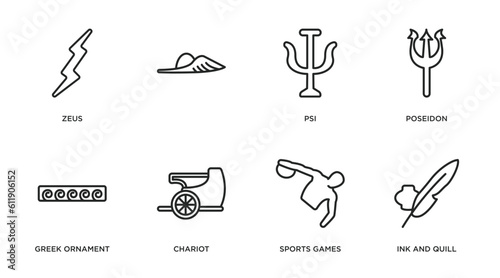 greece outline icons set. thin line icons such as zeus, , psi, poseidon, greek ornament, chariot, sports games, ink and quill vector.