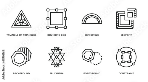 geometric figure outline icons set. thin line icons such as triangle of triangles, bounding box, semicircle, segment, background, sri yantra, foreground, constraint vector.