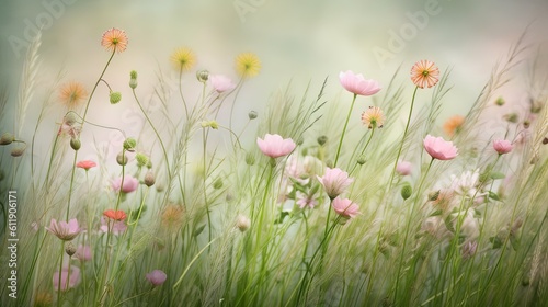 close up green grass wildflower field, Generative Ai © QuietWord