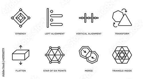 geometric figure outline icons set. thin line icons such as synergy, left alignment, vertical alignment, transform, flatten, star of six points, merge, triangle inside hexagon vector.