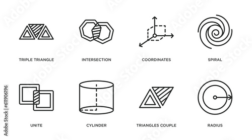 geometric figure outline icons set. thin line icons such as triple triangle, intersection, coordinates, spiral, unite, cylinder, triangles couple, radius vector.