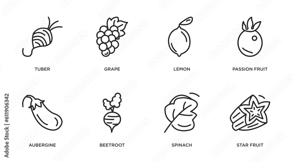 fruits and vegetables outline icons set. thin line icons such as tuber, grape, lemon, passion fruit, aubergine, beetroot, spinach, star fruit vector. fruits and vegetables outline icons set. thin line icons such as tuber, grape, lemon, passion fruit, aubergine, beetroot, spinach, star fruit vector.