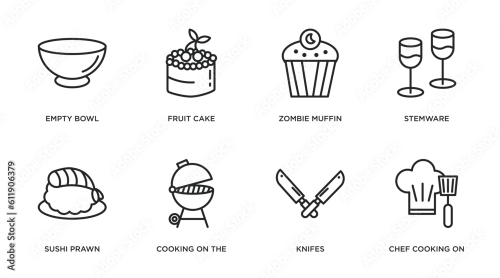 food outline icons set. thin line icons such as empty bowl, fruit cake, zombie muffin, stemware, sushi prawn, cooking on the, knifes, chef cooking on stove vector. food outline icons set. thin line icons such as empty bowl, fruit cake, zombie muffin, stemware, sushi prawn, cooking on the, knifes, chef cooking on stove vector.