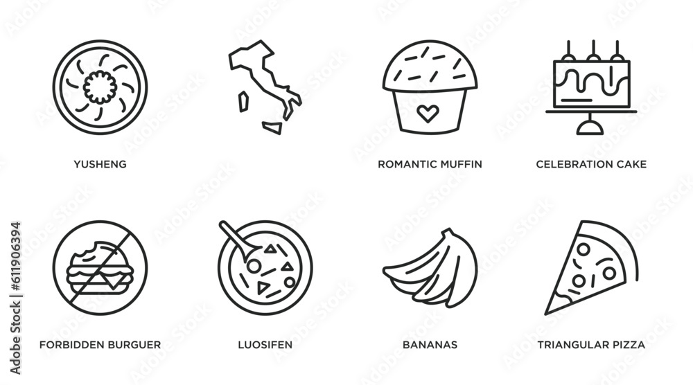 food outline icons set. thin line icons such as yusheng, , romantic muffin, celebration cake, forbidden burguer, luosifen, bananas, triangular pizza slice vector. food outline icons set. thin line icons such as yusheng, , romantic muffin, celebration cake, forbidden burguer, luosifen, bananas, triangular pizza slice vector.