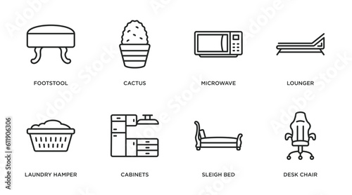 furniture & household outline icons set. thin line icons such as footstool, cactus, microwave, lounger, laundry hamper, cabinets, sleigh bed, desk chair vector.