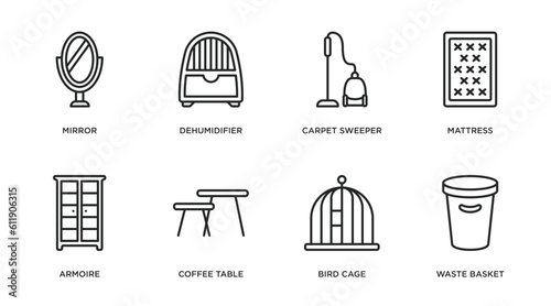 furniture & household outline icons set. thin line icons such as mirror, dehumidifier, carpet sweeper, mattress, armoire, coffee table, bird cage, waste basket vector.