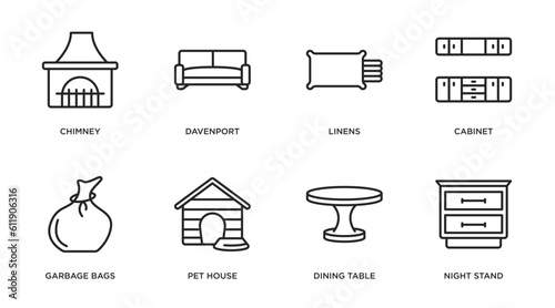 furniture & household outline icons set. thin line icons such as chimney, davenport, linens, cabinet, garbage bags, pet house, dining table, night stand vector.