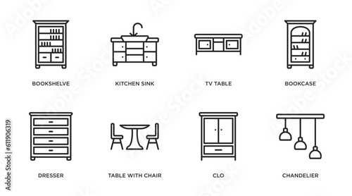 furniture outline icons set. thin line icons such as bookshelve, kitchen sink, tv table, bookcase, dresser, table with chair, clo, chandelier vector.