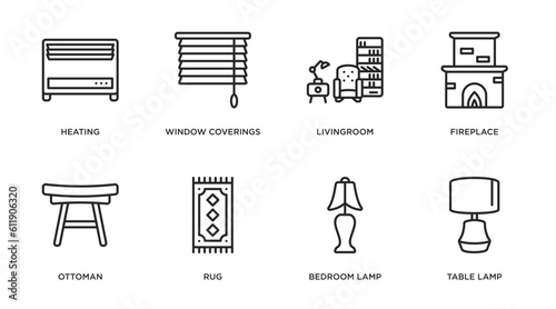 furniture & household outline icons set. thin line icons such as heating, window coverings, livingroom, fireplace, ottoman, rug, bedroom lamp, table lamp vector.
